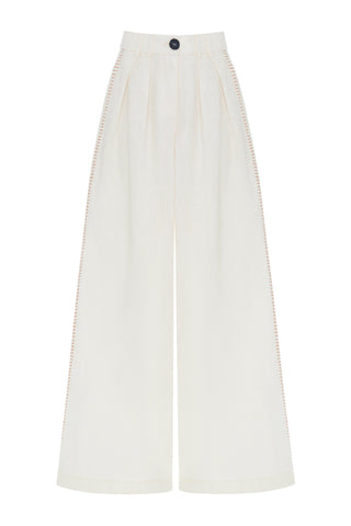 Ivory 100% Linen Pants with Punto Stitch Detail