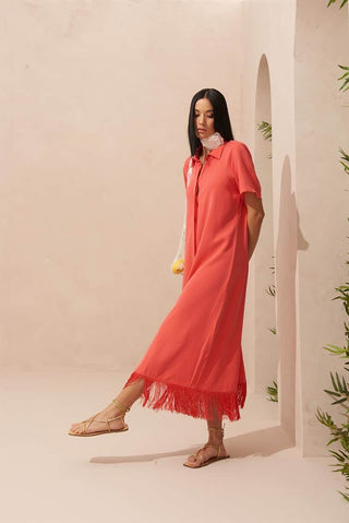 Farah Fringed Red Tencel Shirt Dress