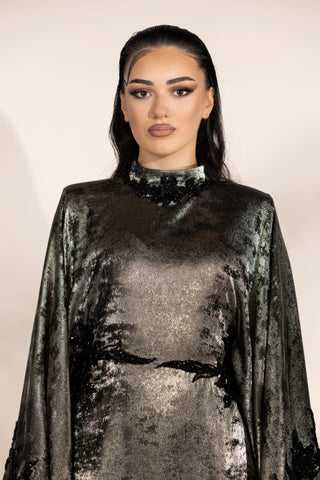 Infinity Silk Embellished Abaya – Metallic Gray