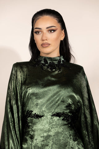 Starlit Mirage Embellished Abaya – Dark Green