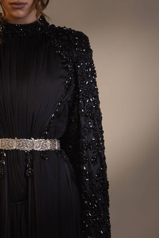Moonlit Gem Embellished Silk Gown – Black