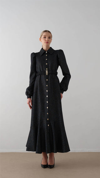 Elastic Belted Tweed Dress – Black