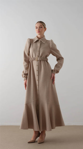 Elastic Belted Tweed Dress – Taupe
