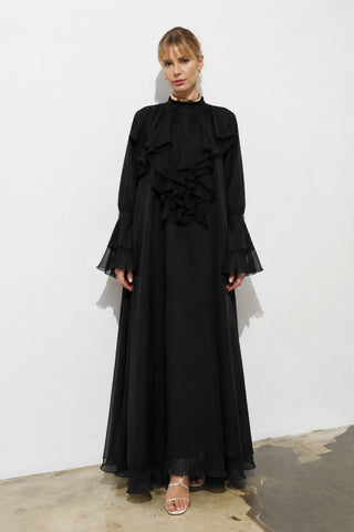 Bloom Ruffle Detail Chiffon Maxi Dress - Black