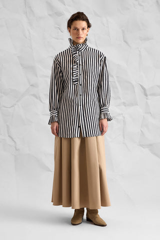 Striped Ruffle-Detail Mandarin-Collar Shirt