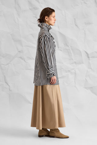 Striped Ruffle-Detail Mandarin-Collar Shirt