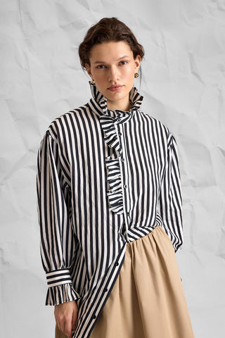 Striped Ruffle-Detail Mandarin-Collar Shirt