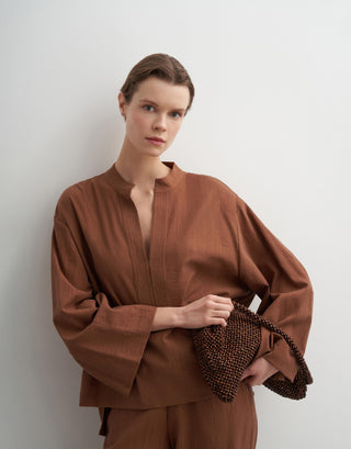 Mandarin Collar Blouse & Trousers Set – Brick