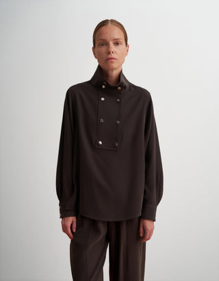 Silky Modal Blend Shirt with Snap Closure – Brown