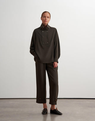 Silky Modal Blend Shirt with Snap Closure – Khaki