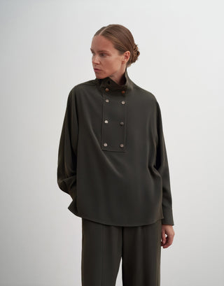 Silky Modal Blend Shirt with Snap Closure – Khaki