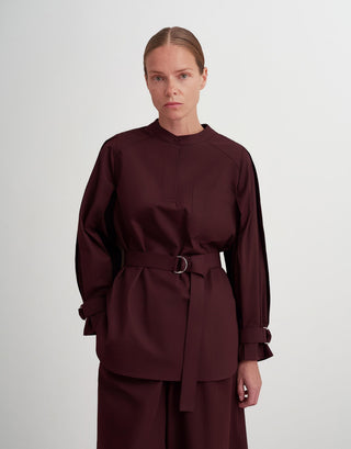 Pleated Shoulder Cotton Shirt with Belt – Plum