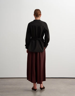 Pleated Shoulder Cotton Shirt with Belt – Black