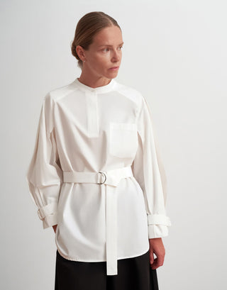 Pleated Shoulder Cotton Shirt with Belt – Ecru