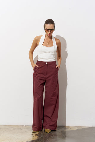 GİLLY Wide-Leg Bordeaux Cotton Trousers