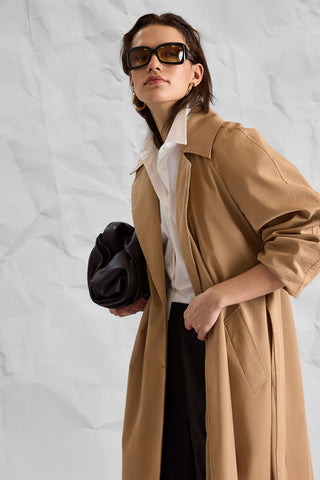 MD Signature Camel Belted Long Trench Coat