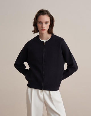 Zipped Cotton Knit Cardigan – Navy