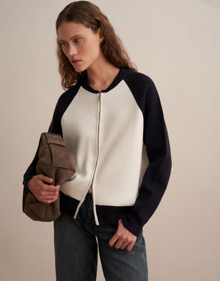 Two-Tone Cotton Knit Cardigan – Ecru