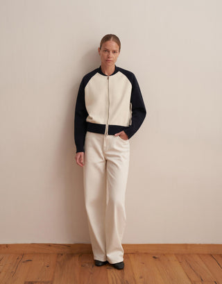 Two-Tone Cotton Knit Cardigan – Ecru