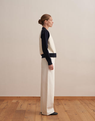 Two-Tone Cotton Knit Cardigan – Ecru