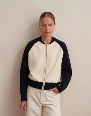 Two-Tone Cotton Knit Cardigan – Ecru