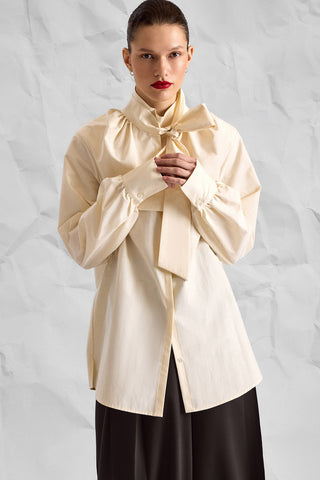 Ecru Bow-Neck Cotton Poplin Blouse