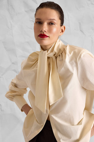 Ecru Bow-Neck Cotton Poplin Blouse