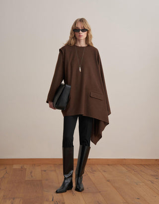 Asymmetric Wool-Blend Jacket Poncho – Brown