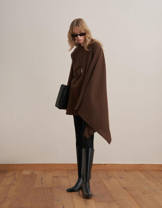 Asymmetric Wool-Blend Jacket Poncho – Brown