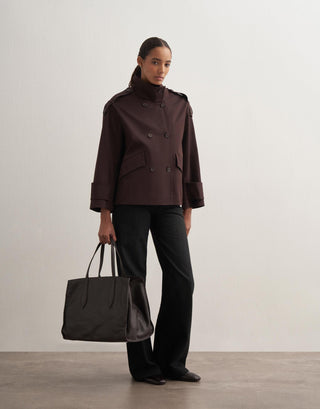 High-Neck Cotton Trench Jacket – Brown