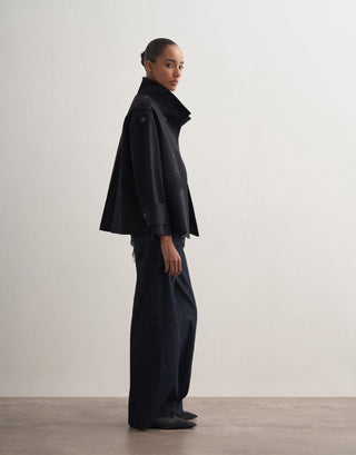 High-Neck Cotton Trench Jacket – Black