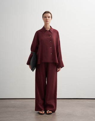 Linen Palazzo Trousers - Burgundy