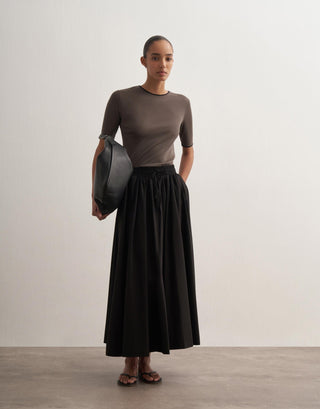 Voluminous Cotton Skirt with Hem Panel – Black