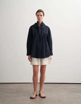 Textured Cotton Shirt with Scarf Detail – Navy