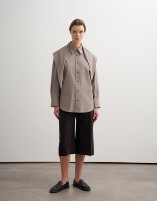 Textured Cotton Shirt with Scarf Detail – Beige