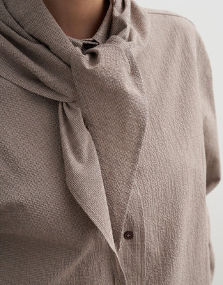 Textured Cotton Shirt with Scarf Detail – Beige