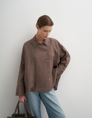 Linen Raglan Sleeve Shirt  - Brown