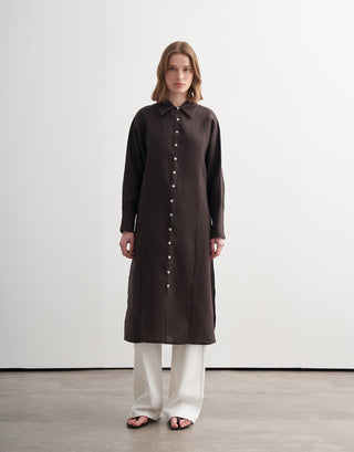 Linen Shirt Midi Dress - Brown