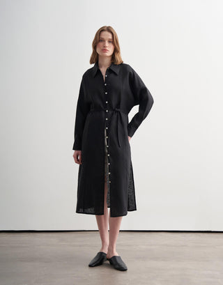 Linen Shirt Midi Dress - Black