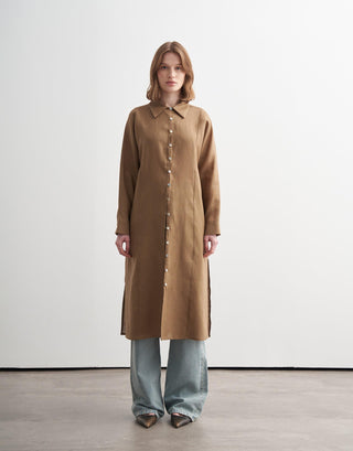 Linen Shirt Midi Dress - Camel