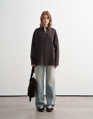 Linen Cuff Detail Shirt - Brown