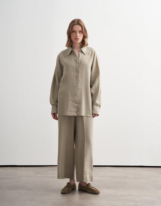 Linen Cuff Detail Shirt - Green Beige