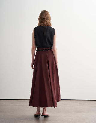 Paneled Linen Midi Skirt – Burgundy