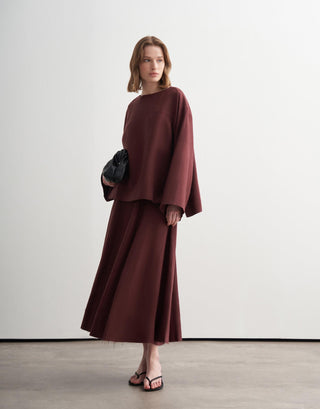 Paneled Linen Midi Skirt – Burgundy