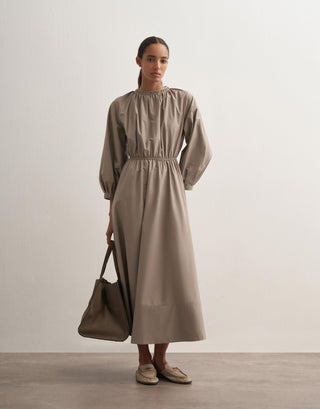 Gathered Waist Cotton Dress – Light Khaki
