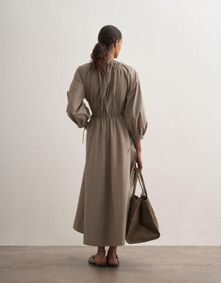 Gathered Waist Cotton Dress – Light Khaki
