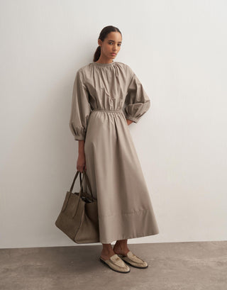 Gathered Waist Cotton Dress – Light Khaki