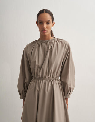 Gathered Waist Cotton Dress – Light Khaki