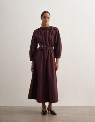 Gathered Waist Cotton Dress – Burgundy