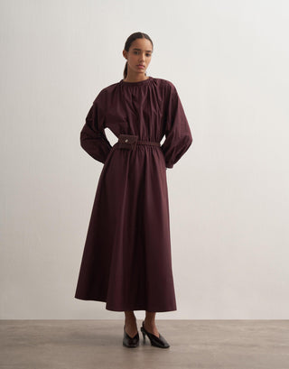 Gathered Waist Cotton Dress – Burgundy